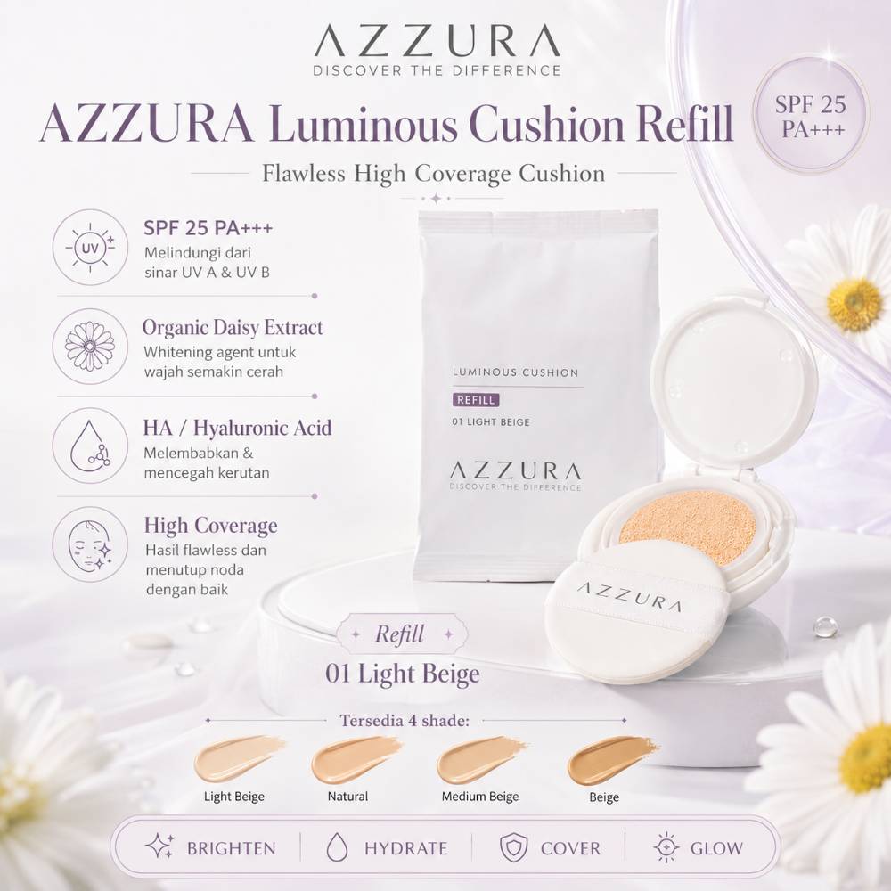 AZZURA Luminous Cushion SPF 25 PA+++ Organic Daisy Extract & HA Flawless High Coverage Cushion Azzur